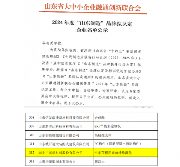公司入选“山东制造”品牌企业名单